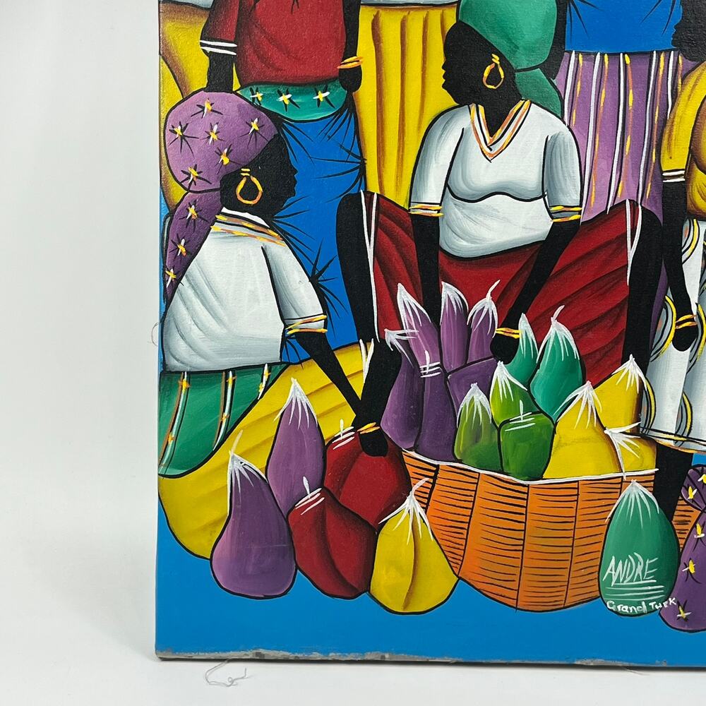 Andre Grand Turk Signed Caribbean Folk Art Canvas Painting Market Scene 18"x24" - Picture 5 of 16
